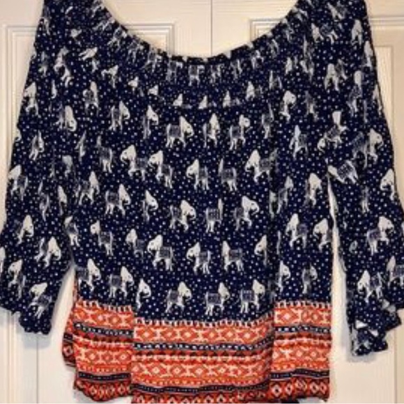 Navy & Orange on/off shoulder elephant print top - Picture 5 of 9